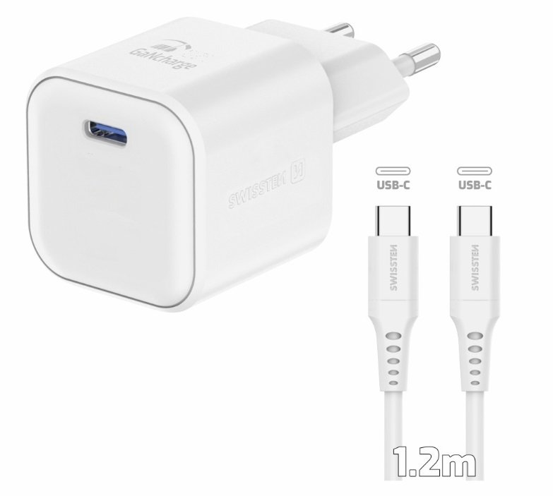 Swissten GaN USB-C Travel Charger, 35W PD + 1.2m USB-C to USB-C Data Cable