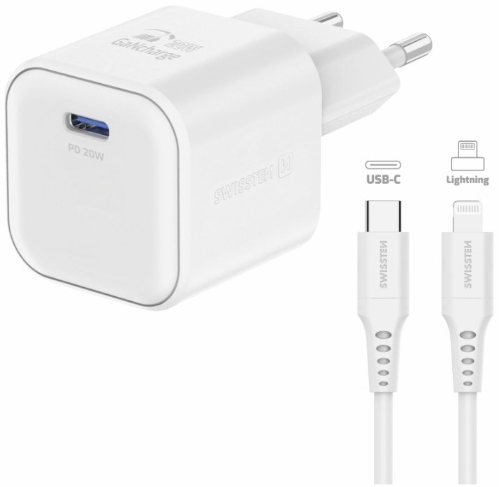 Swissten GaN USB-C 20W PD Travel Charger + 1.2m USB-C to Lightning Data Cable