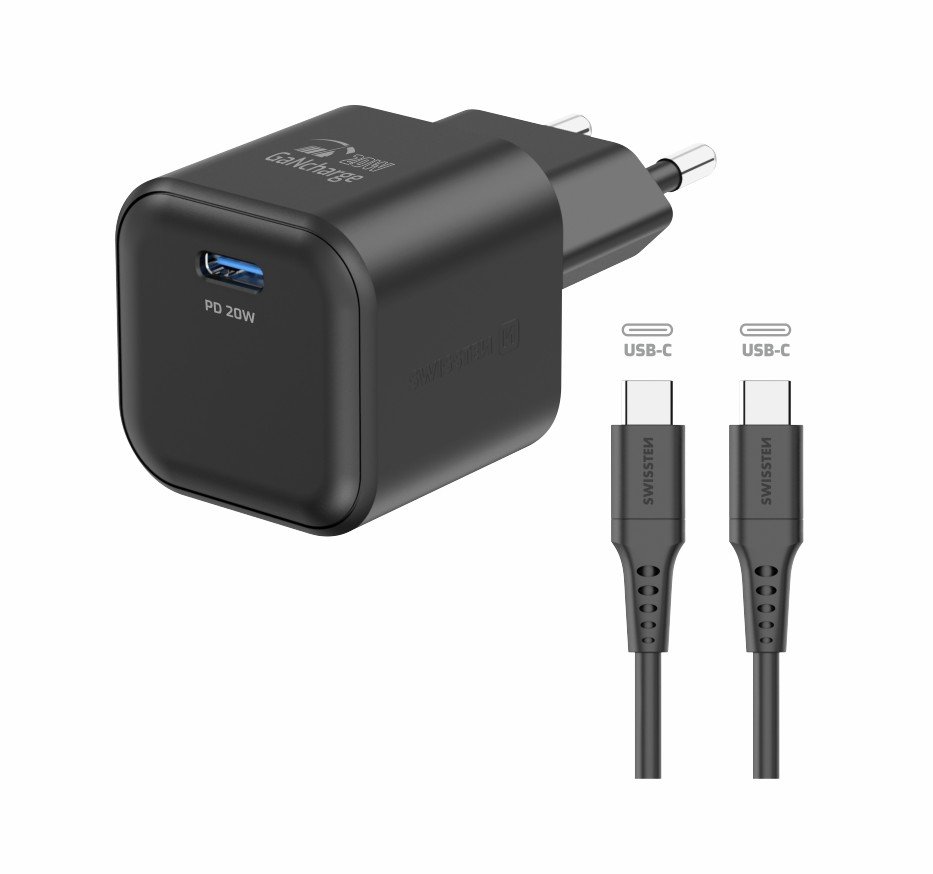 Swissten GaN USB-C 20W PD Travel Charger + 1.2m USB-C to USB-C Data Cable