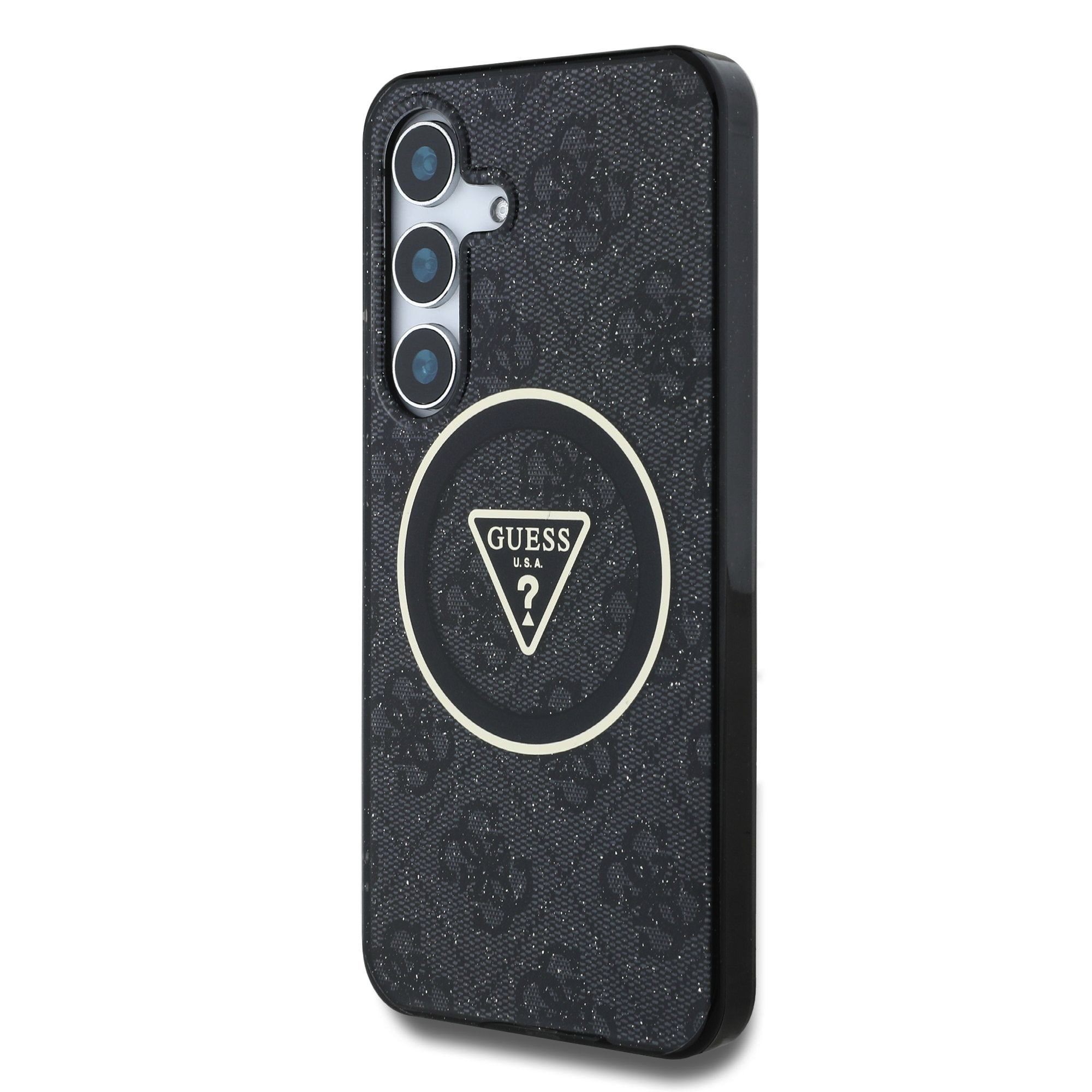 GUESS 4G Glitter Triangle Buttons MagSafe Case for Samsung Galaxy S25 Plus