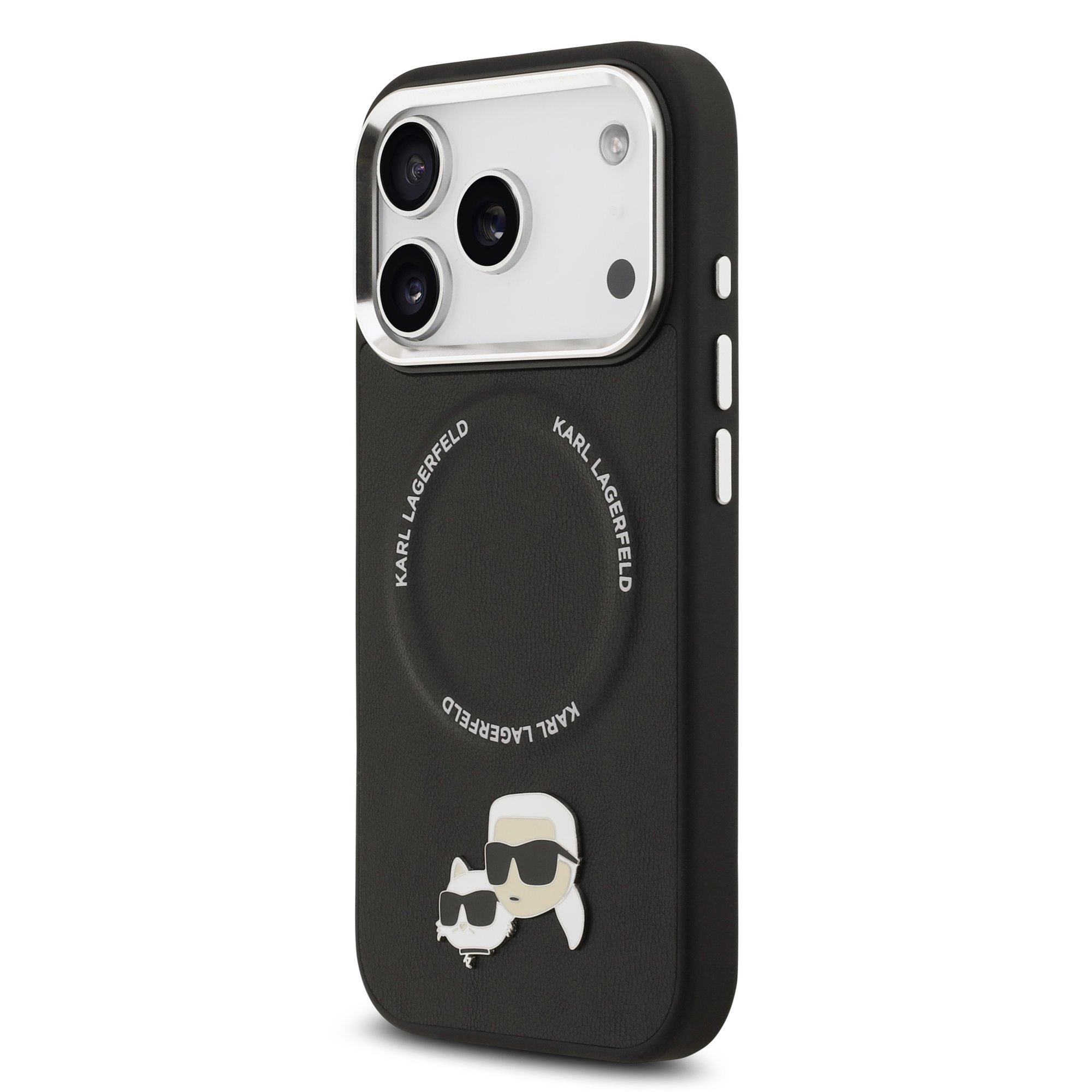 Karl Lagerfeld PU Karl and Choupette Head Pins MagSafe Case for iPhone 17 Pro, black