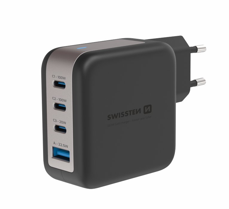Swissten GaN Travel Charger, 3x USB-C PD 100W / USB-A 18W QC