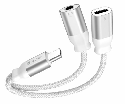Swissten Textile USB-C to USB-C/Aux 3.5mm Charging Audio Adapter, 0.12m
