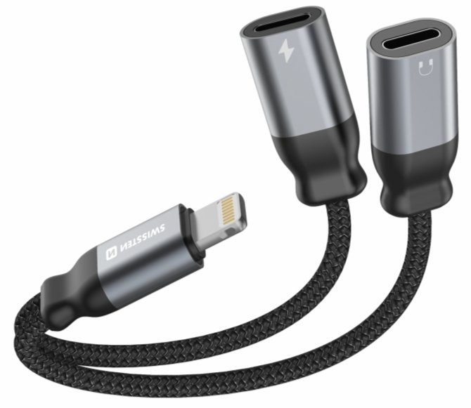 Swissten Textile Lightning Audio Charging Adapter 2x Lightning 0.12m English: Textile Lightning Audio Charging Adapter, 2x Lightning, 0.12m