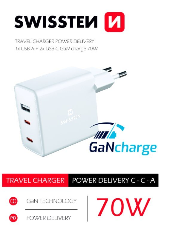 Swissten GaN Travel Charger, 2 x USB-C / USB / 70W
