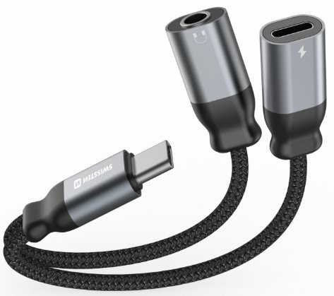 Swissten Textile USB-C to USB-C/Aux 3.5mm Charging Audio Adapter, 0.12m