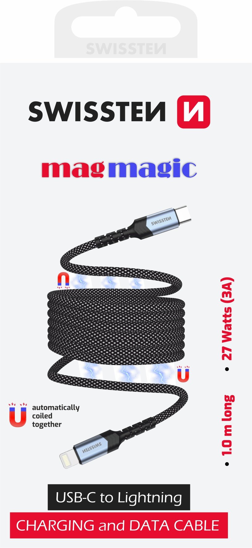 Swissten Magnetic Self-Winding USB-C / Lightning Data Cable, 1m