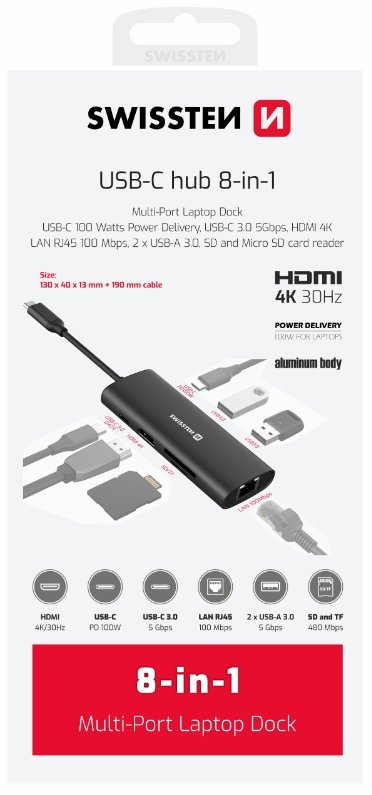 Swissten 8-in-1 USB-C Hub, Aluminum, USB-C 100W / HDMI 4K / LAN RJ45 / 2x USB-A / USB-C / SD / Micro SD