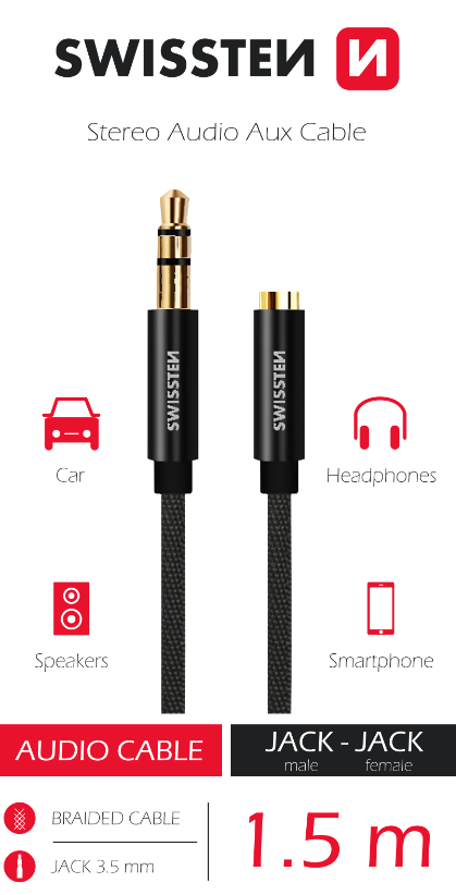 Swissten 3.5 mm (male) to 3.5 mm (female) audio cable, 1.5m