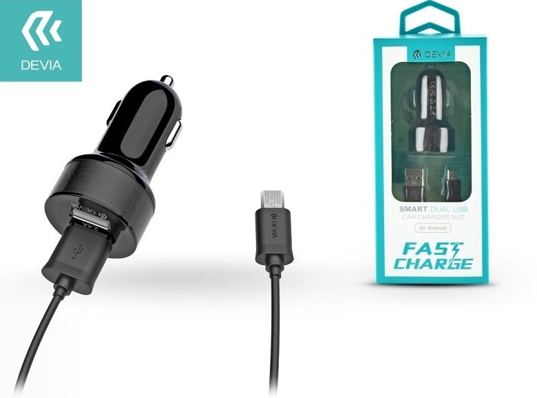 Devia Smart Series Premium Car Charger 2 x USB 2.4A + Micro USB Cable 1m Black