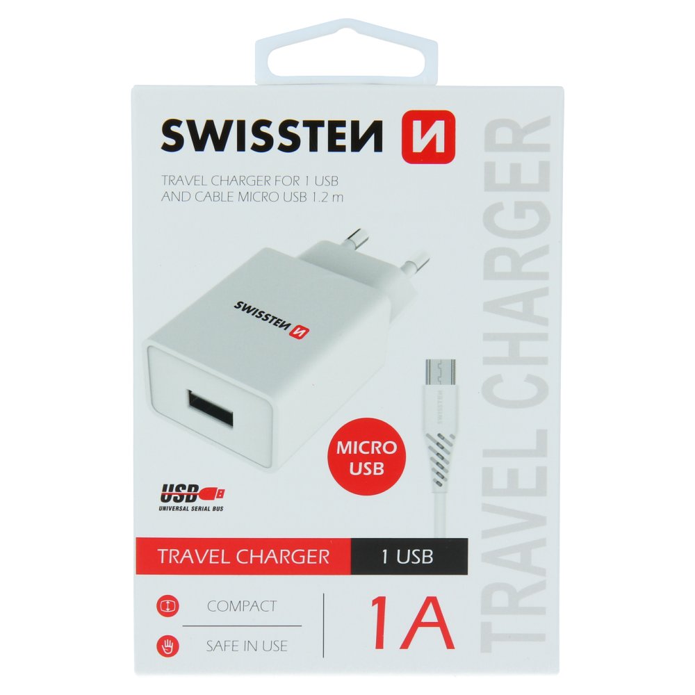 Swissten Smart Travel Charger with IC USB 1A + USB/Micro USB Data Cable, 1.2m
