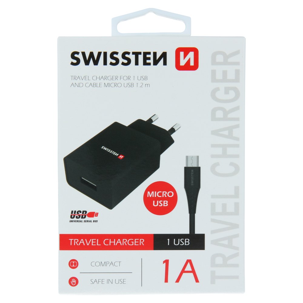 Swissten Travel Charger Smart IC USB 1A + USB / Micro USB Data Cable 1.2m