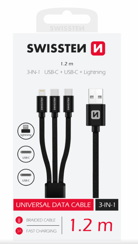 Swissten 3-in-1 Textile Data Cable, 1.2m