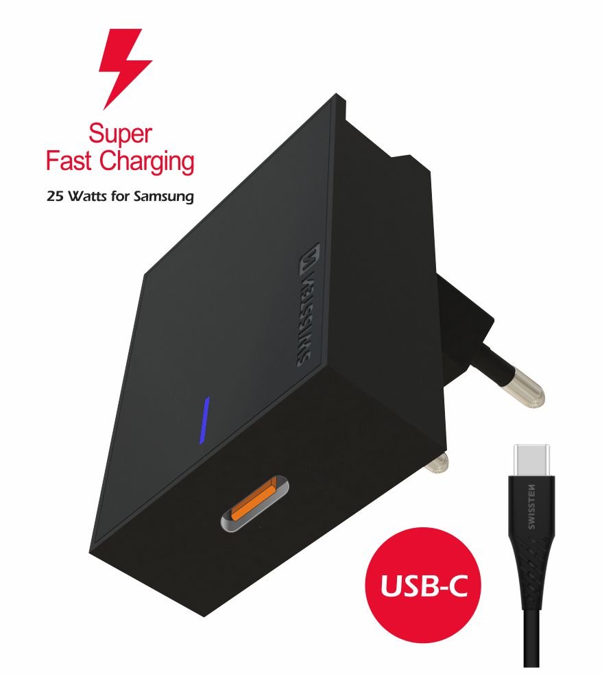 Swissten 25W Samsung Super Fast Charging Travel charger with 1.2m USB-C to USB-C cable