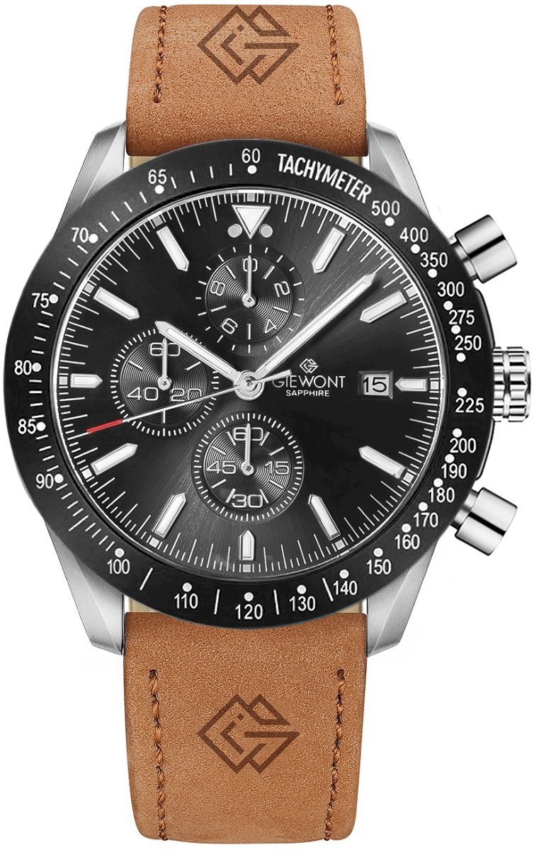 Giewont Sapphire Chronograph Men’s Watch, Brown and Black Leather, 44mm