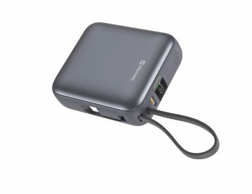 Swissten SPACE Power Bank, Universal External Battery with Built-in USB-C Cable, 35W / 10000 mAh, Silver