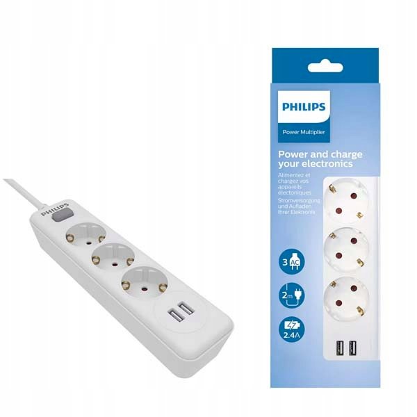 PHILIPS SPN3032WA/60 Power Strip 3 Sockets + 2 USB 2m 10A / white
