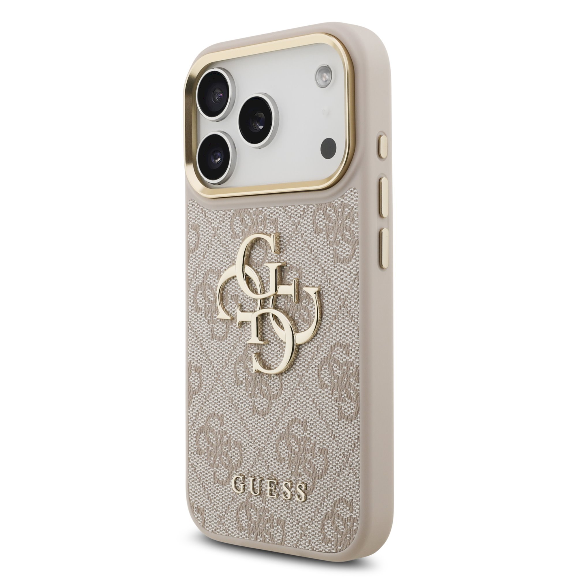 GUESS PU Leather 4G Metal Logo Gold Frame Case for iPhone 18 Pro / Pink