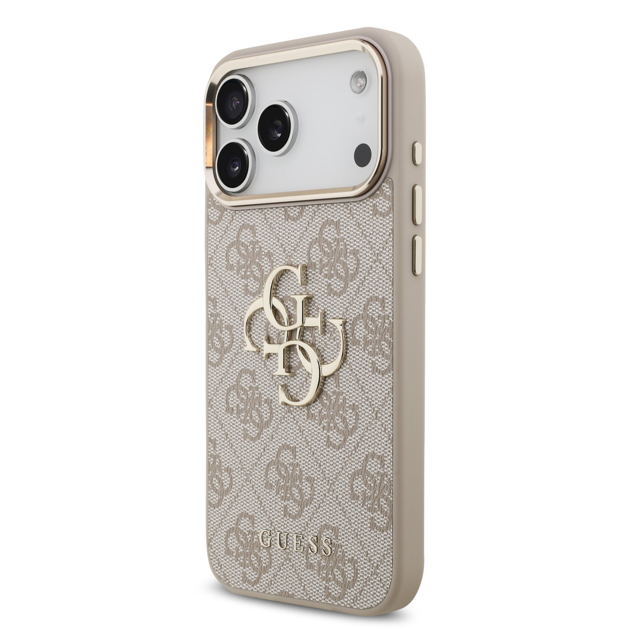 GUESS PU Leather 4G Metal Logo Gold Frame Case for iPhone 18 Pro Max / Pink