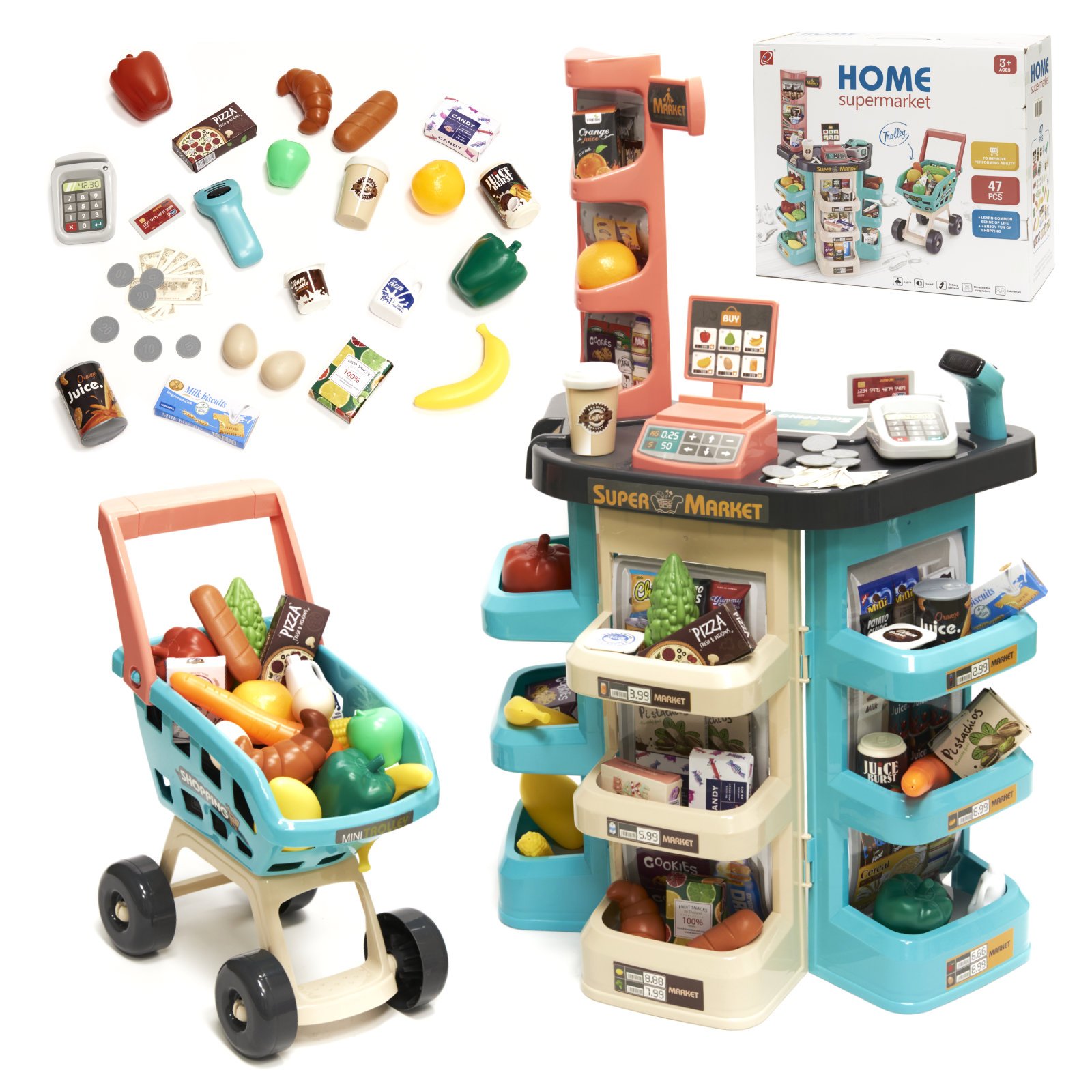 RoGer Set "Supermarket" with cash register, shopping cart, and accessories