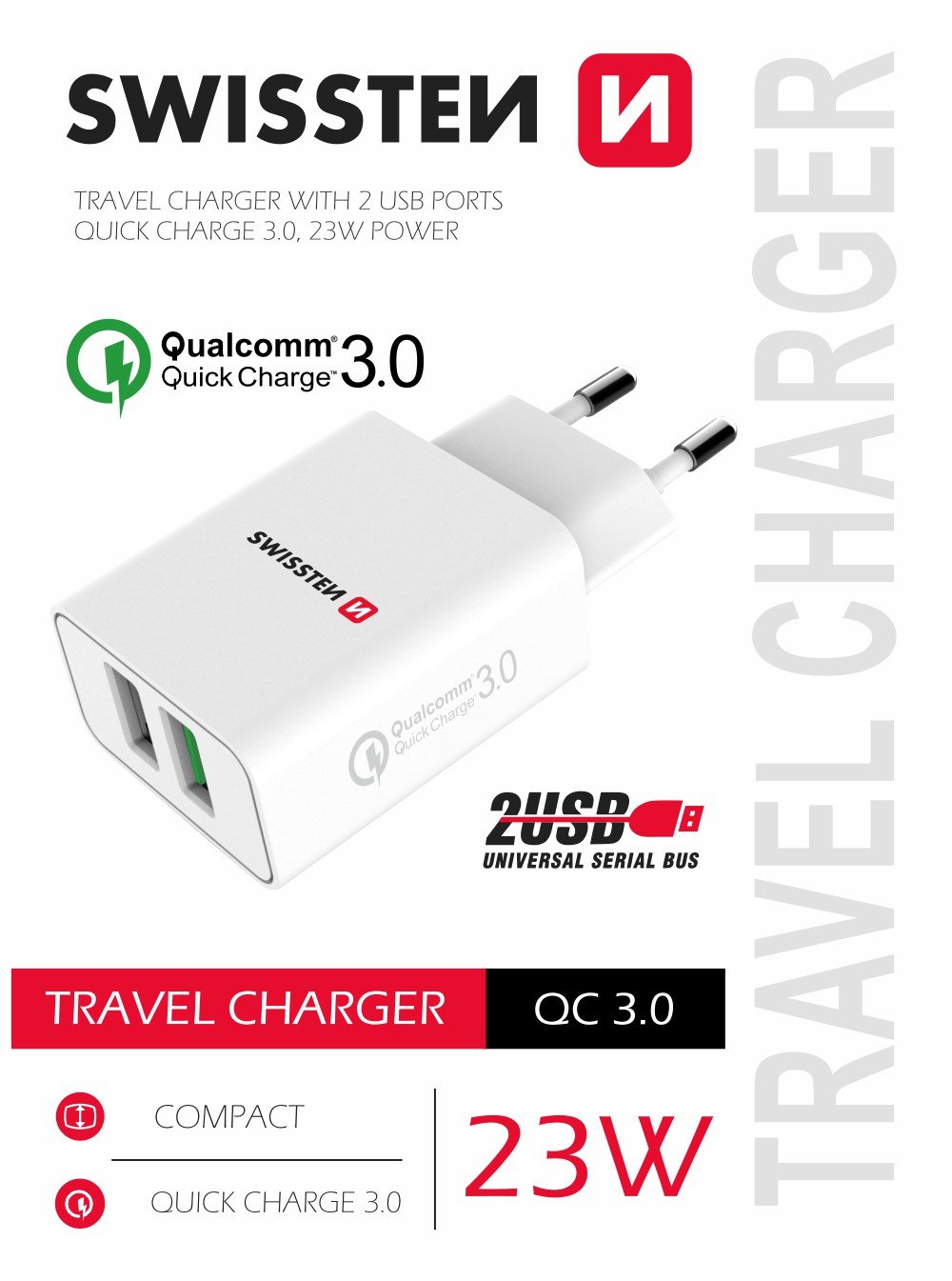 Swissten Premium Travel Charger 2x USB / QC3.0 23W