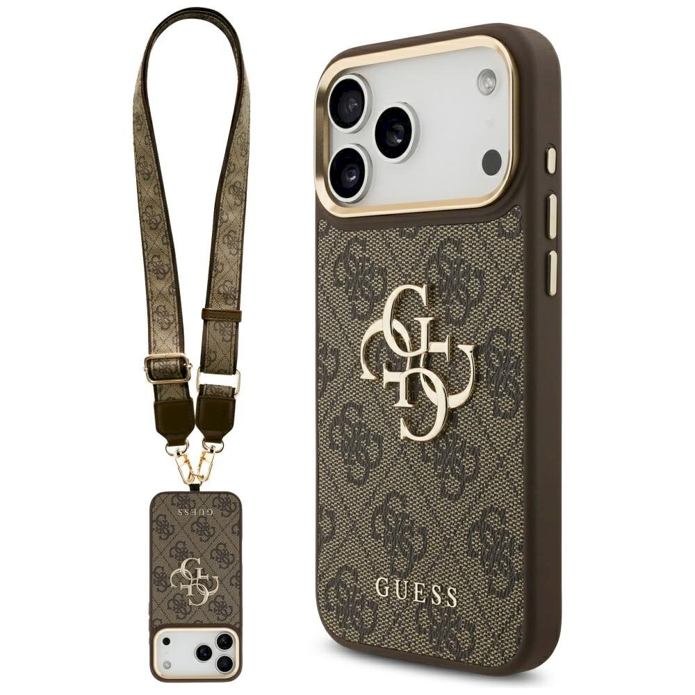 GUESS 4G Big 4G Classic Logo Big Strap Metal Buttons Case for iPhone 17 Pro Max Brown
