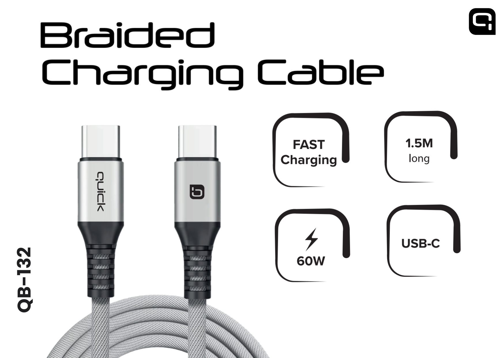 Quick QB-132 Braided 60W Charging and Data Cable USB-C to USB-C 1.5m