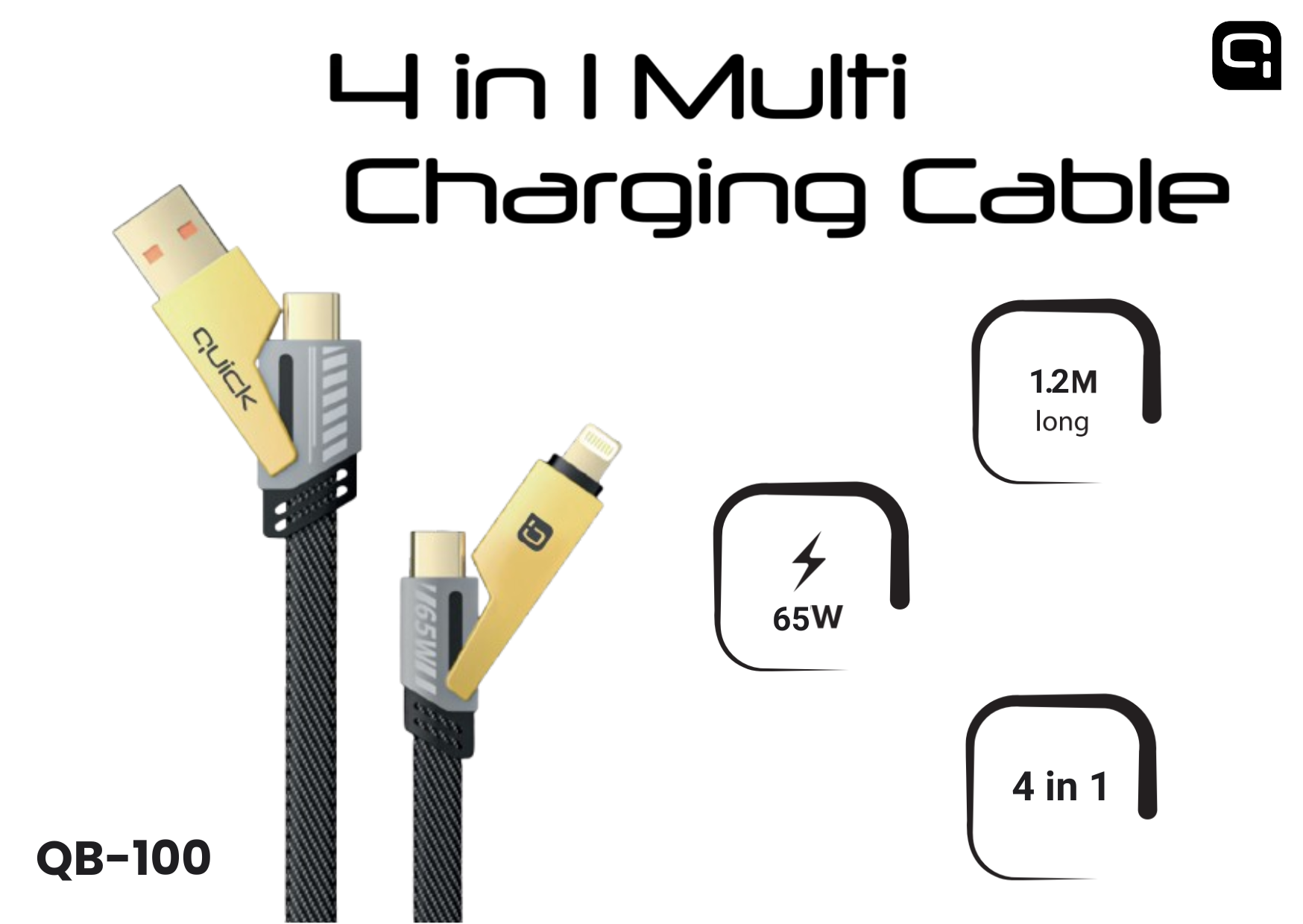 Quick QB-100 Braided 4-in-1 Multi Charging and Data Cable 1.2m