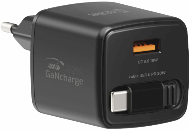 Swissten SlideCHARGE 30W GaN Power Charger, USB-A 18W, with 0.75m retractable USB-C cable, black