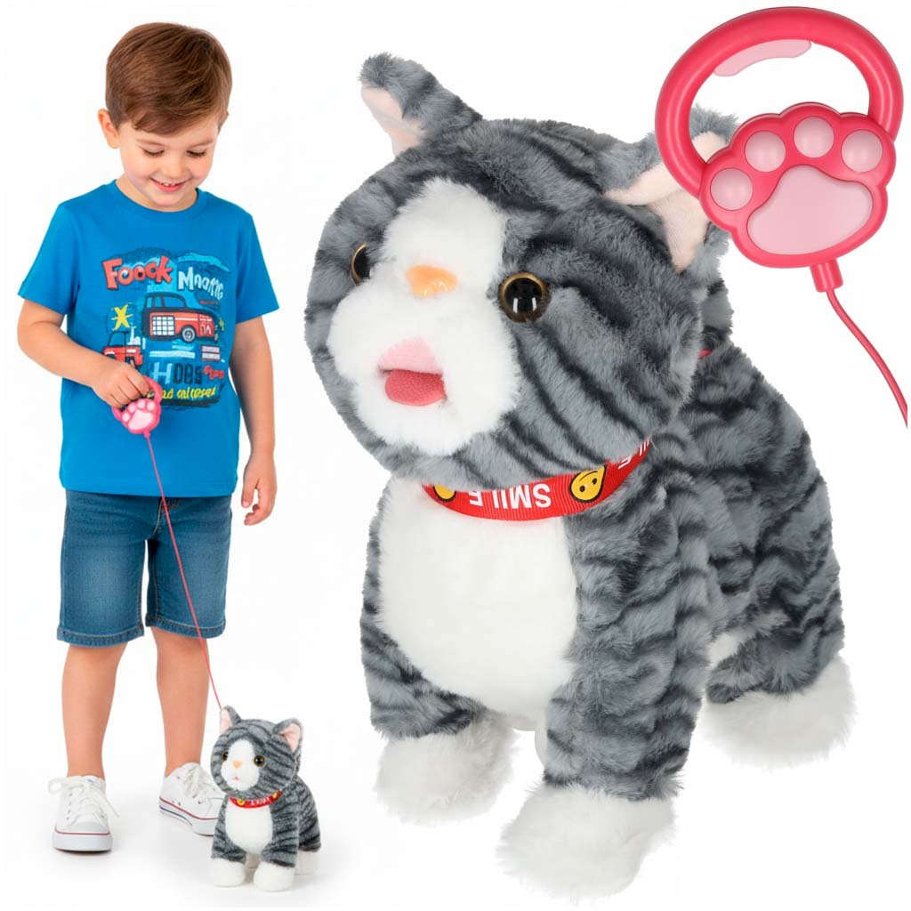 RoGer Interactive Walking Cat on Leash - Grey