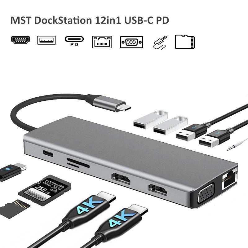 RoGer MST Docking Station 12-in-1 Lite USB-C to 2x HDMI / 4x USB 3.0 / SD/TF / VGA / LAN