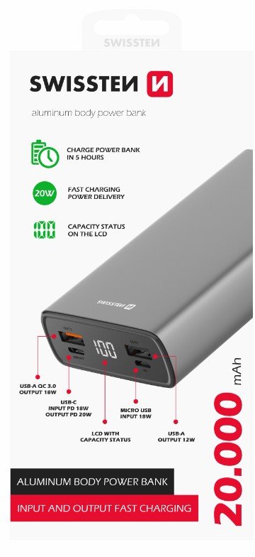 Swissten Aluminium Power Bank 2xUSB / USB-C / Micro USB / 20W / 20000 mAh