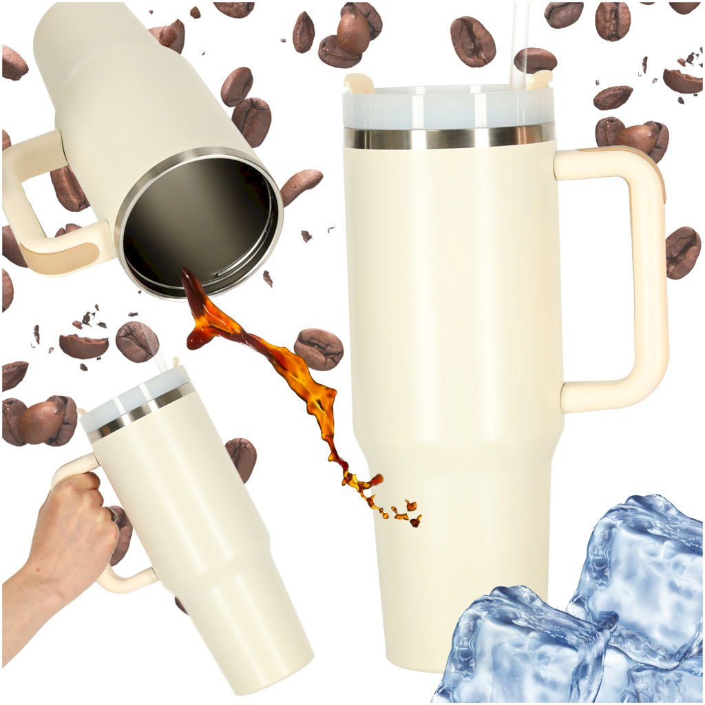 RoGer Thermal Mug with Handle and Straw, 1.2L, Beige