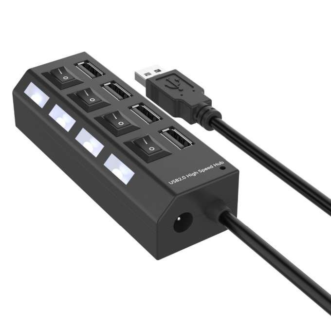 RoGer USB Hub - 4-Port USB 2.0 Splitter with Individual On/Off Buttons