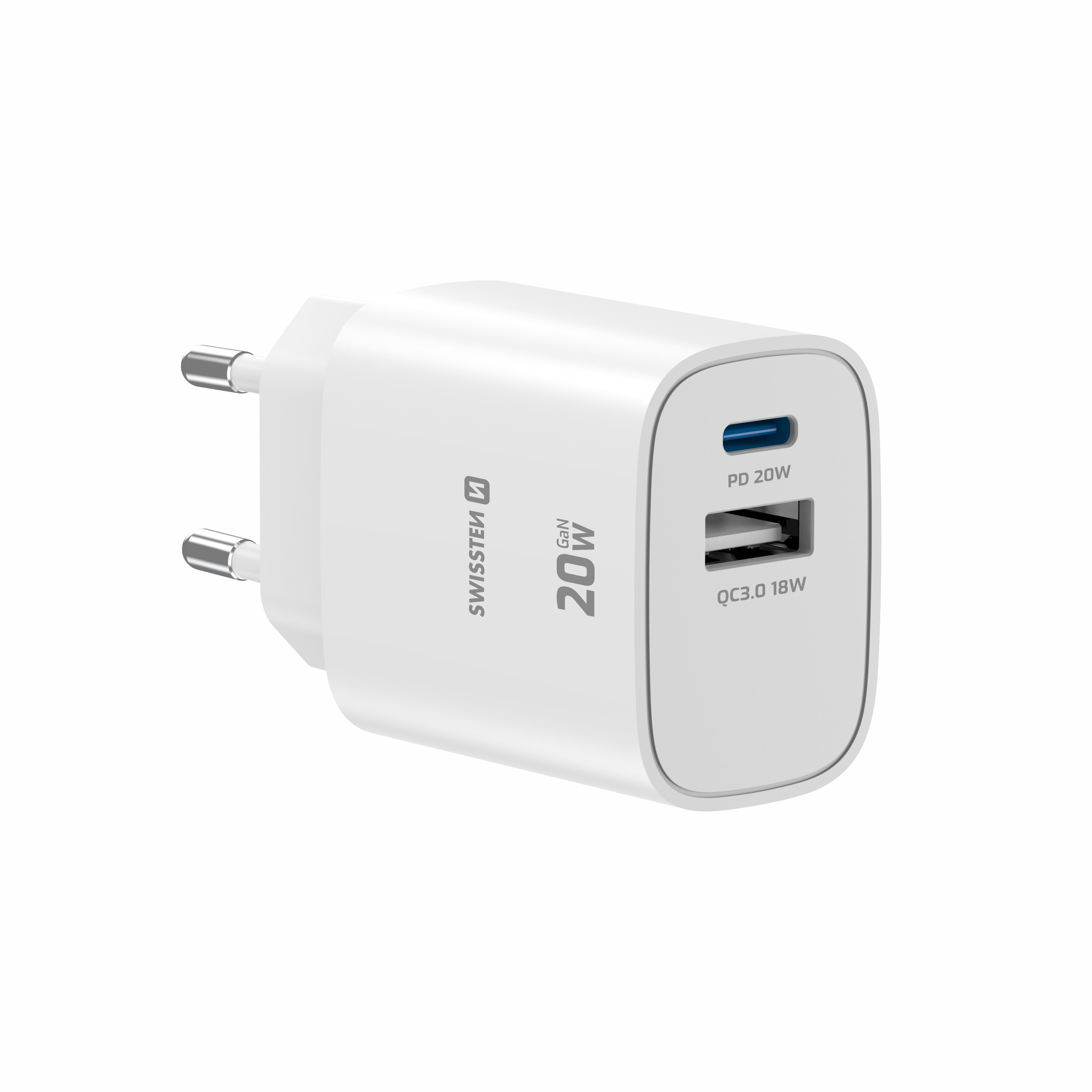 Swissten Edge GaN Travel Charger, GaN USB-C PD 20W plus USB-A 18W QC