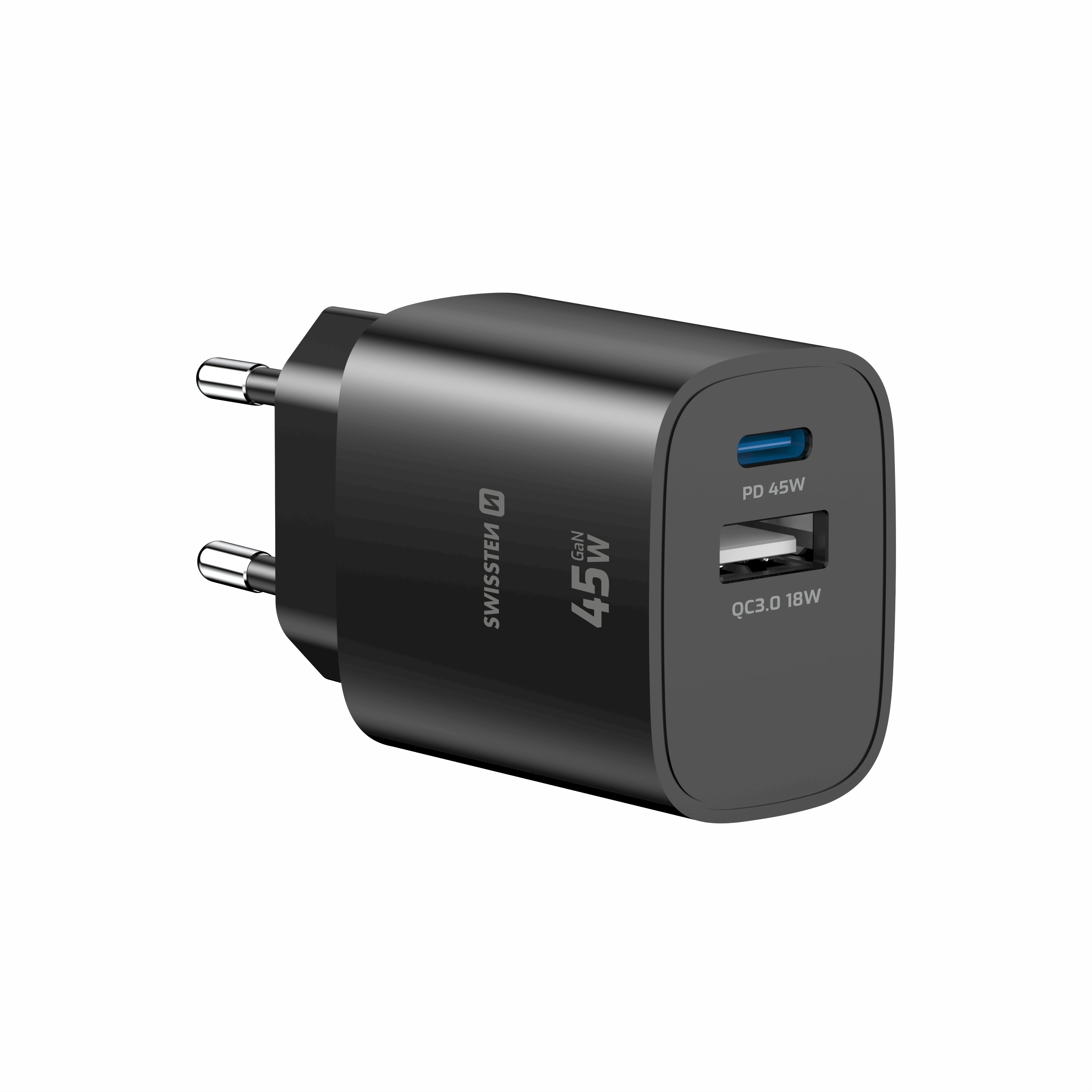 Swissten Edge GaN Travel Charger, GaN USB-C PD 45W plus USB-A 18W QC