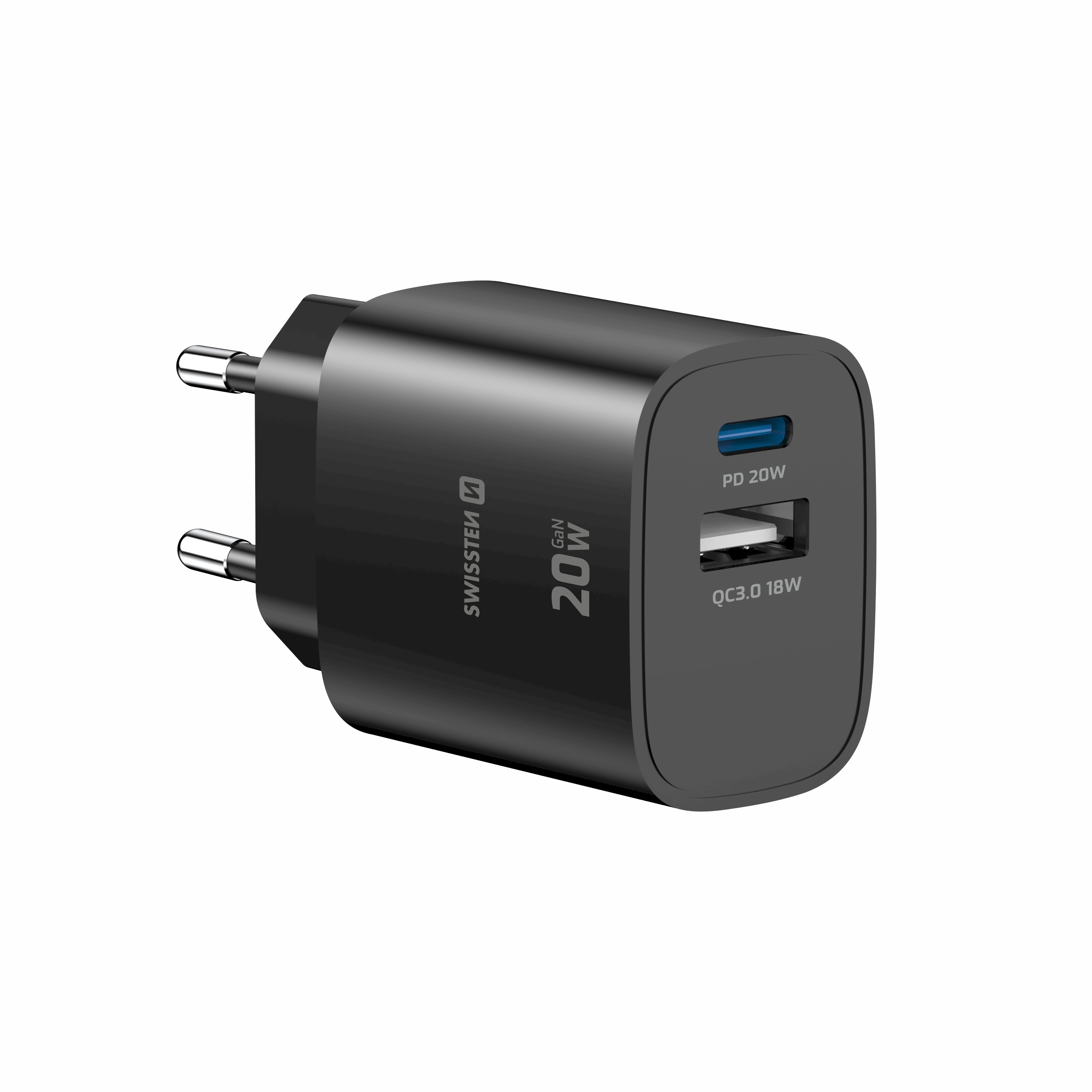 Swissten Edge GaN Travel Charger, GaN USB-C PD 20W plus USB-A 18W QC