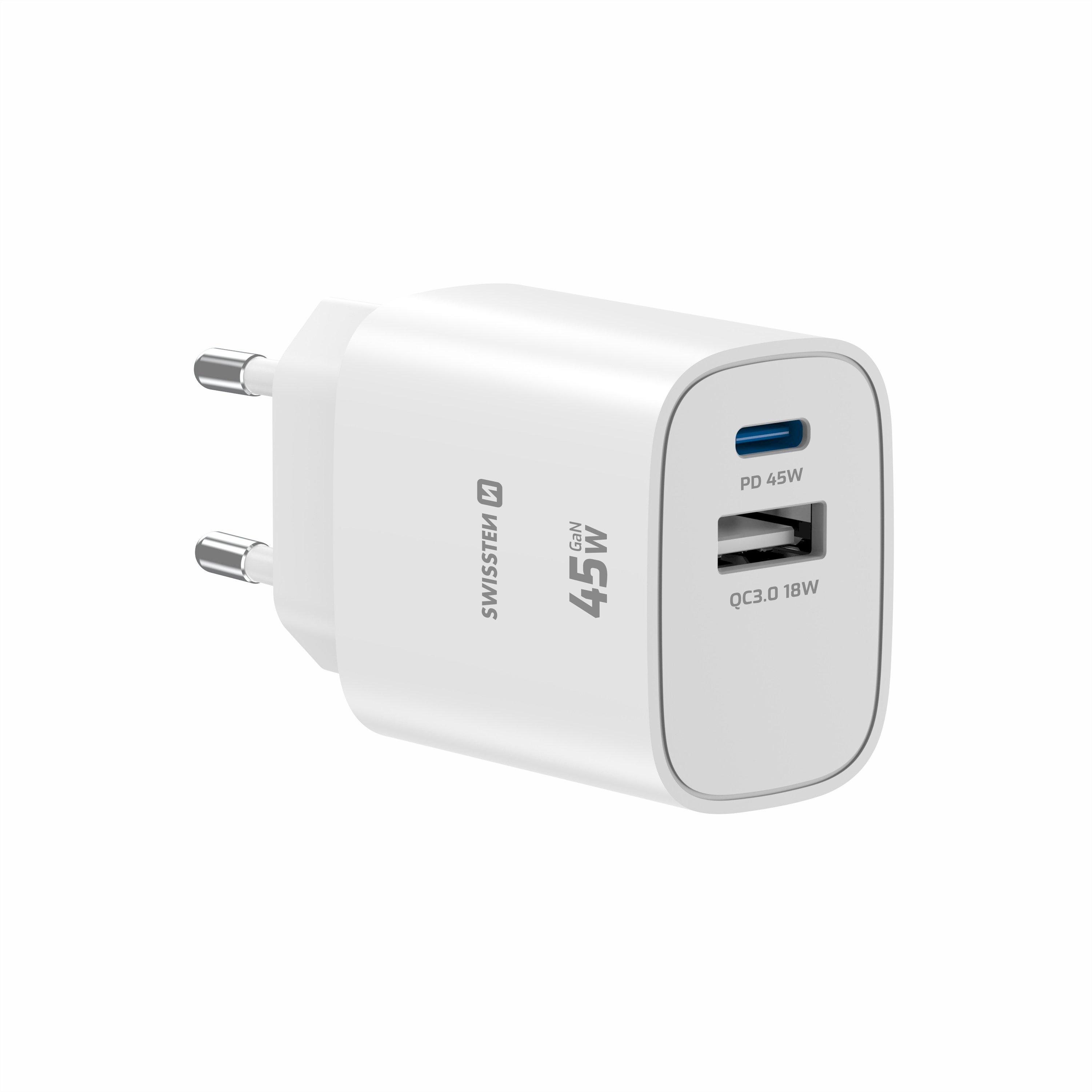 Swissten Edge GaN Travel Charger, GaN USB-C PD 45W plus USB-A 18W QC