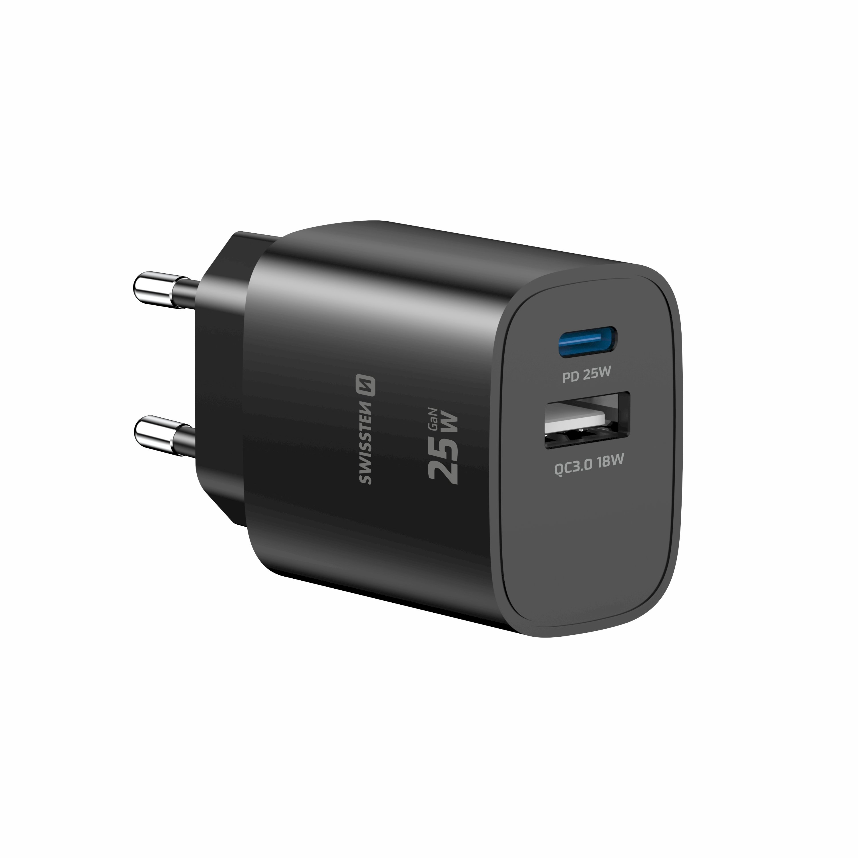 Swissten Travel Charger Edge GaN USB-A 18W / USB-C 25W black