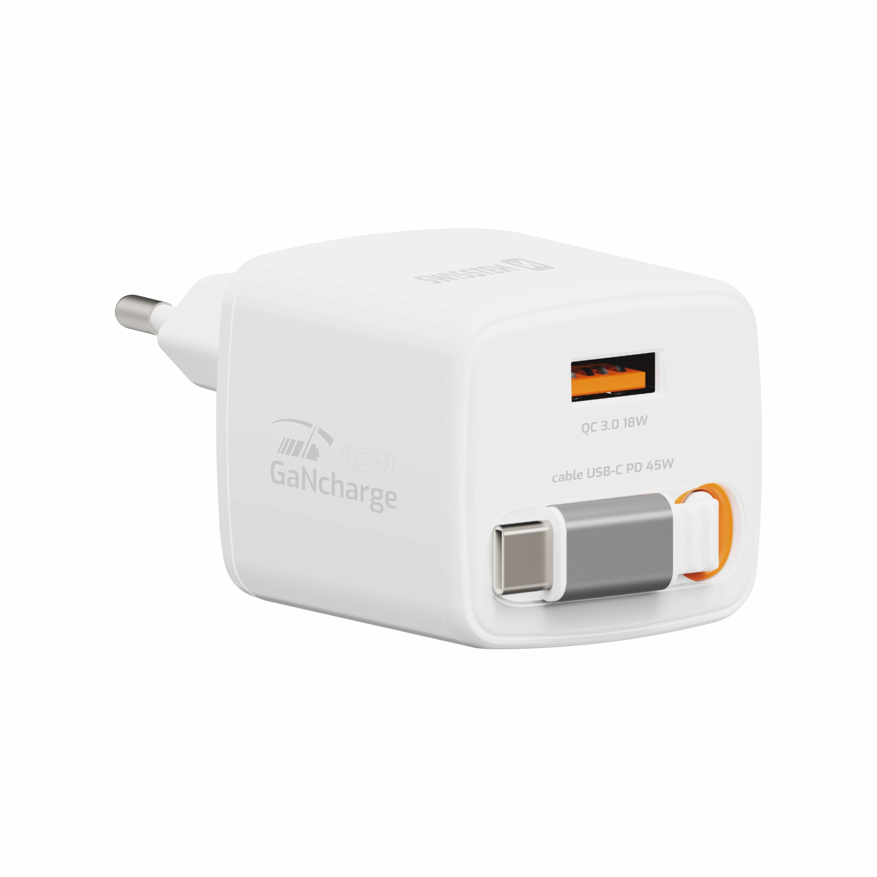 Swissten SlideCHARGE Power Charger GaN 45W USB-A 18W with 0.75m retractable USB-C cable, white