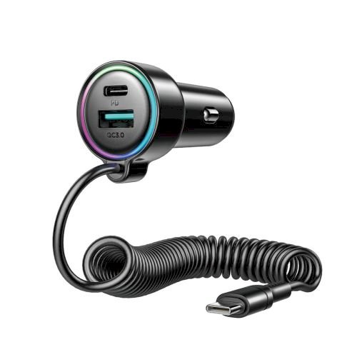 Joyroom JR-CL07 Car Charger 3-in-1, C+U with Type-C Coiled Cable 1.6m, 72W / black