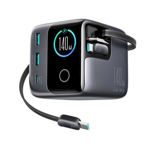 Joyroom JR-TRD01 Desktop Charger GaN Fast Charger USB-C PD 140W PD3.1 PPS AFC SCP FCP QC3.0 with built-in 2x Type-C Cable PD 100W / gray