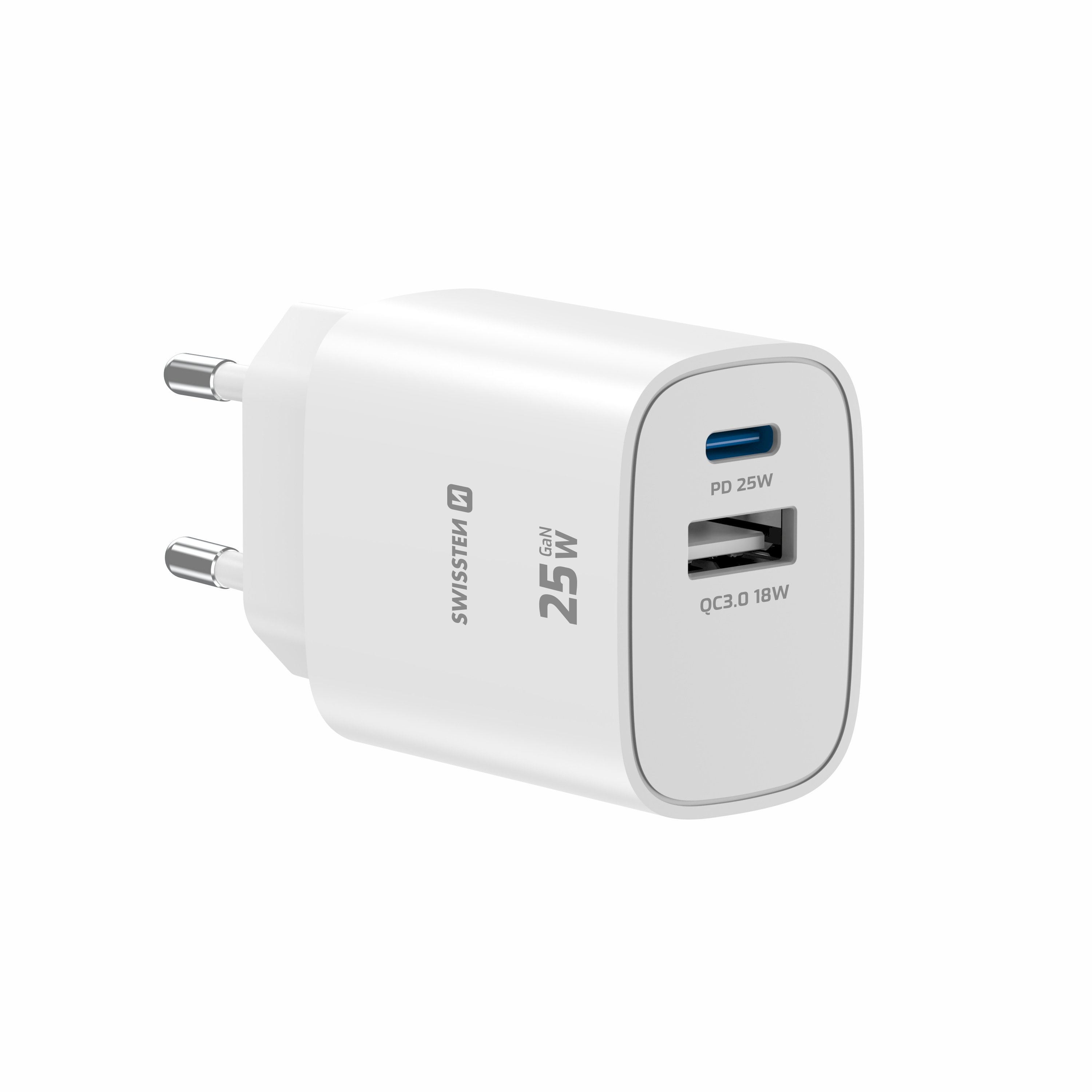 Swissten Edge Travel Charger USB-C PD 25W + USB-A QC 18W, White
