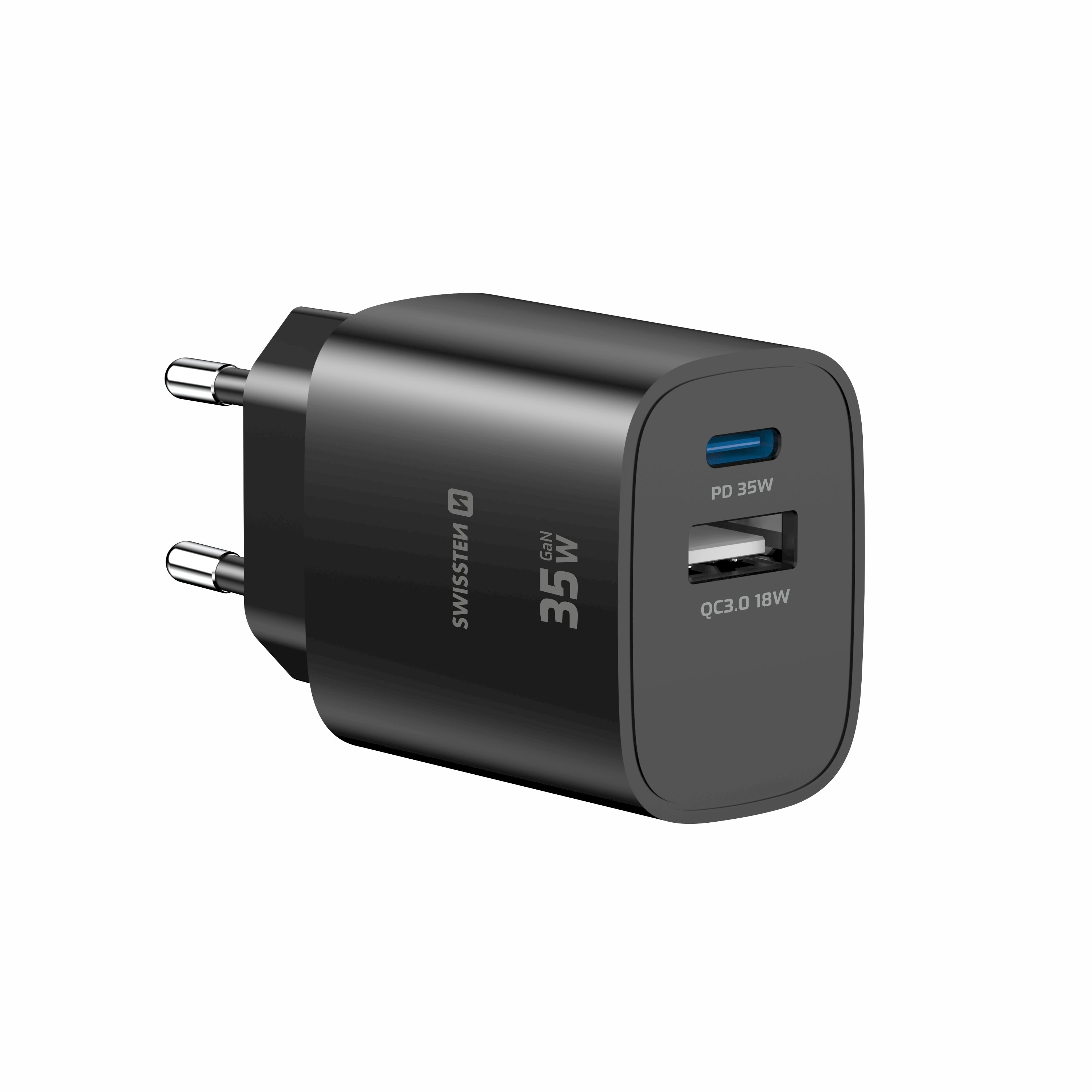 Swissten Edge Travel Charger USB-C PD 35W + USB-A QC 18W, Black
