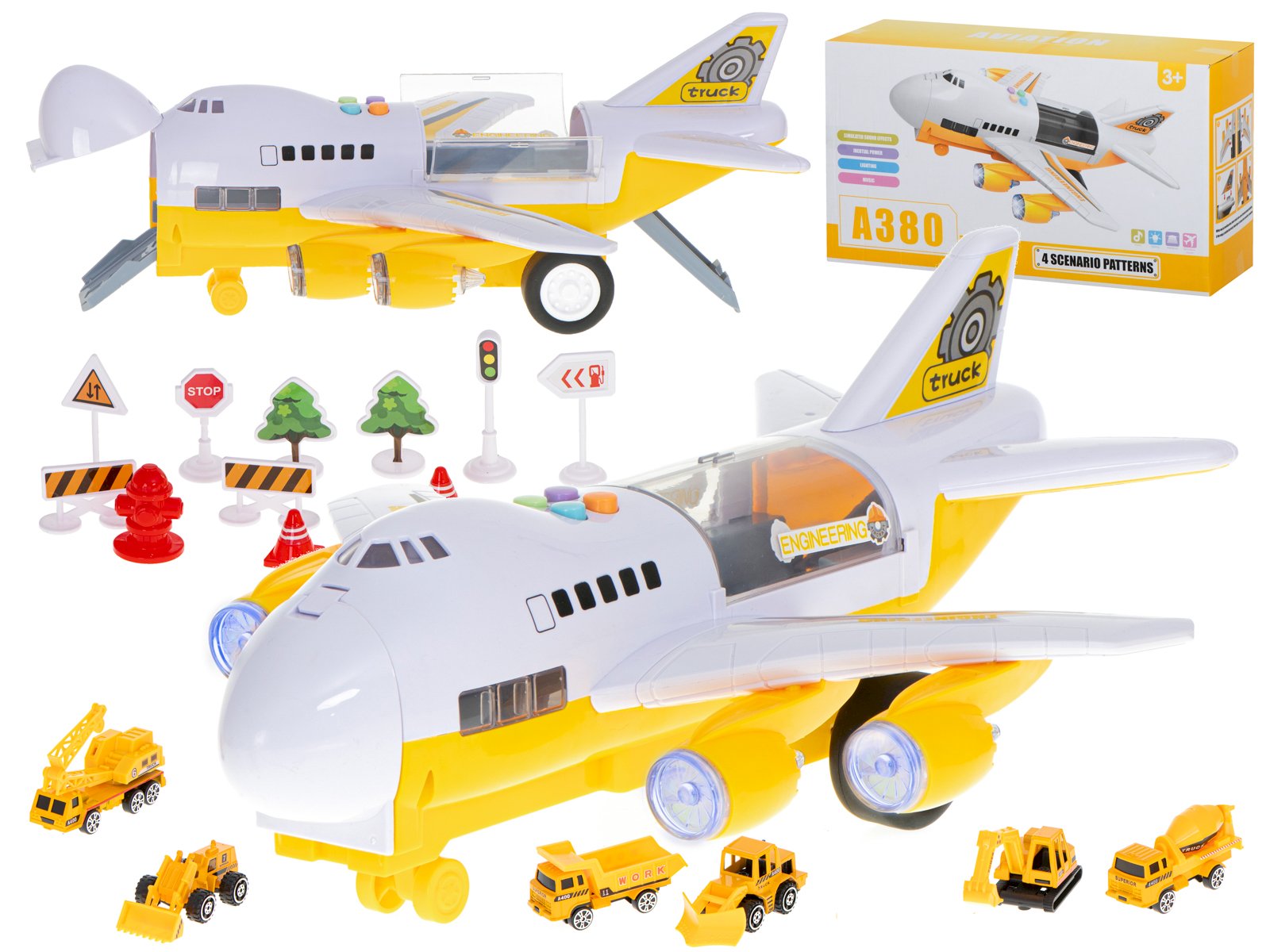 RoGer Transporter airplane with six construction vehicles